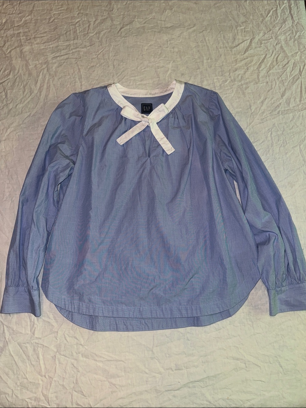 GAP Light Blue 80s Superfine Poplin Tie Neck Blouse Contrast Collar Large
